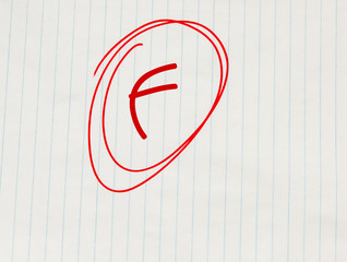 F (failing) grade written in red on notebook paper