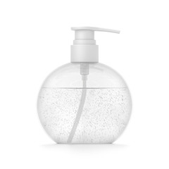 White cosmetic bottle dispenser pump with round transparent bubble liquid filled container from front angle.