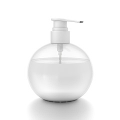 White cosmetic bottle dispenser pump with round transparent white liquid filled container from side angle.