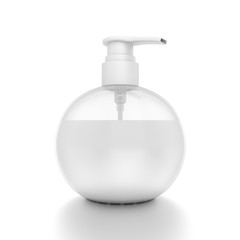 White cosmetic bottle dispenser pump with round transparent white liquid filled container from closeup angle.