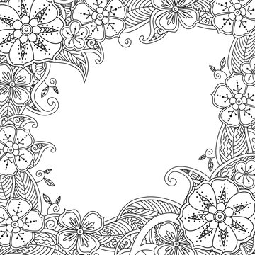 Floral hand drawn square frame in zentangle inspired style.
