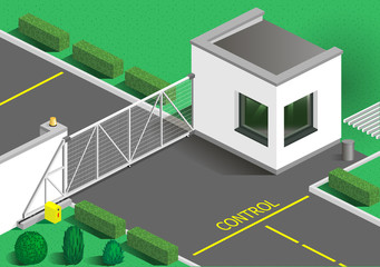 Isometric building guards or customs point. Entry transport zone. Vector graphics