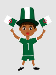 Fan of Algeria national football team, sports. Boy with flag in the colors of the state command with sports paraphernalia.