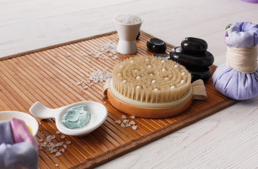 Spa treatment, massage and aromatherapy top view background.