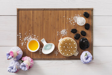 Spa treatment, aromatherapy top view background. Details and accesories