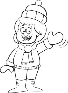 Black and white illustration of a child in Winter clothes waving.
