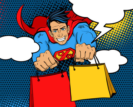 Pop art superhero. Young happy man in a superhero costume with a percent sign on the chest flies with shopping bags and speech bubbles. Vector illustration in retro pop art comic style.