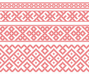 Seamless Russian folk patterns, cross-stitched embroidery imitation. Patterns consist of ancient Slavic amulets. 