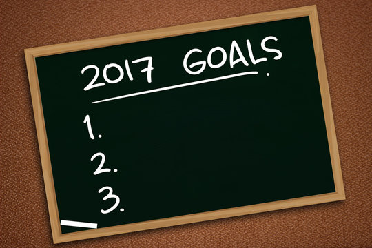 Illustration image of 2017 New Years Resolutions written owith chalk on blackboard, chalkboard design, future goals