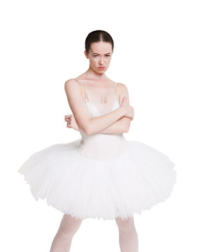 Angry naughty ballerina portrait isolated on white background