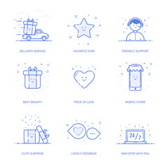 Vector illustration of icons set shopping commerce, marketing, business concept in line style. Linear blue elements. Design for internet, banner, web and mobile app. Outline object e-commerce icon.