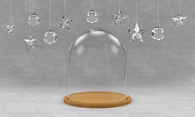 Glass dome with wooden tray on concrete background and hanging crystal balls and stars ornaments. For new year or Christmas theme. 3D rendering.
