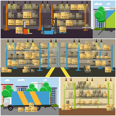Logistic and delivery service concept banner. Warehouse interior. Vector illustration in flat style design