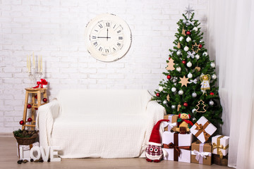 Christmas interior -christmas tree, gift boxes and decorations i