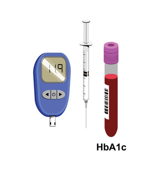 Vector image of a glucose monitor, syringe and blood test tube with HbA1c