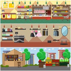 Shopping in a store and local market concept vector banners. Grocery shop, fashion boutique, street bazaar interior.