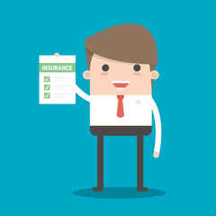 Man in suit, manager or agent shows a document, insurance. Vecto