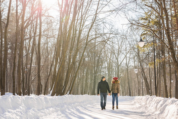 Fototapeta na wymiar Couple holding each other's hands, the winter goes on the road, enjoying a stroll, a love couple. Husband and wife are going through the park holding hands in the winter. The movement of people
