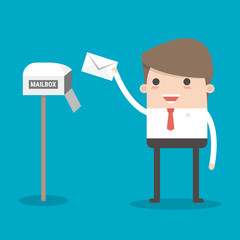 Businessman got a lot of mail in red mailbox, flat design, vecto