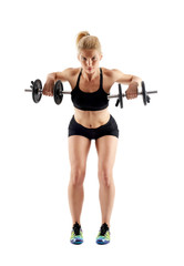 Fototapeta premium Fitness girl doing dumbbell rows on white