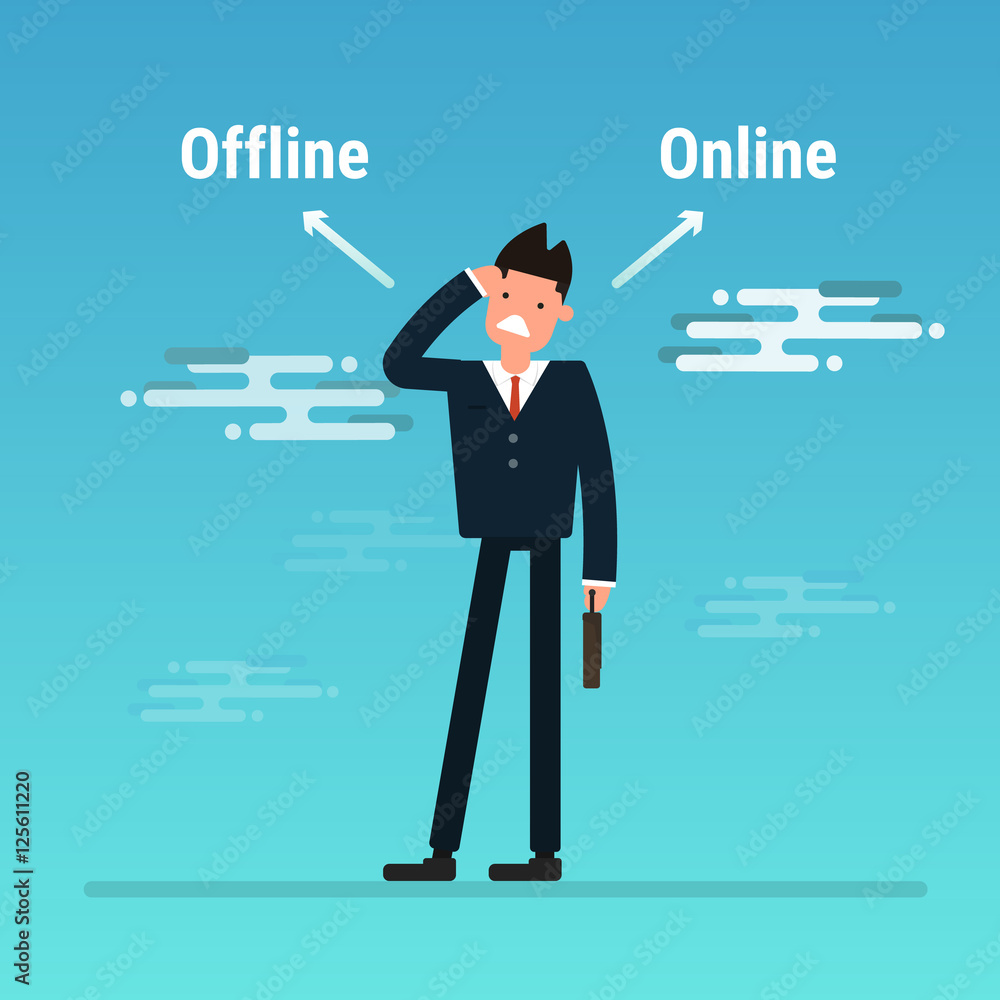 Poster online of offline concept with businessman standing confuse to c