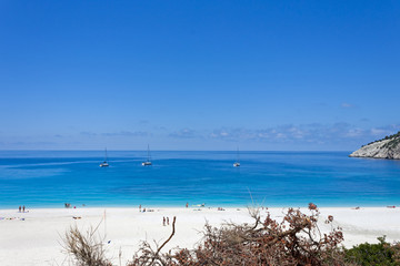 Blue water of beautiful Myrtos beach, Kefalonia, Ionian islands, Greece 