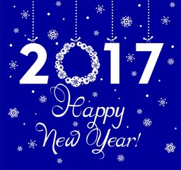 Paper blue applique for New Year 2017 greeting with hanging xmas wreath and numbers
