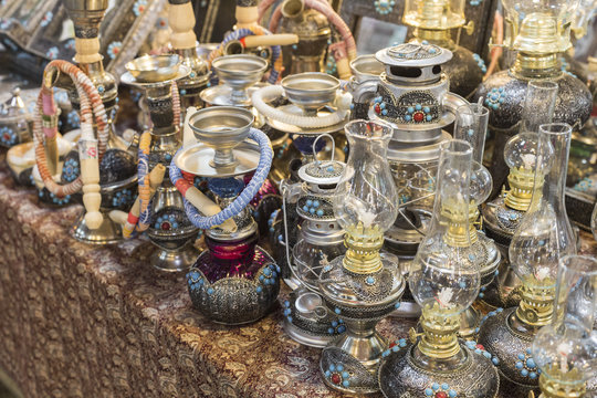 Traditional iranian market (Bazaar) metal souvenires, lamps.