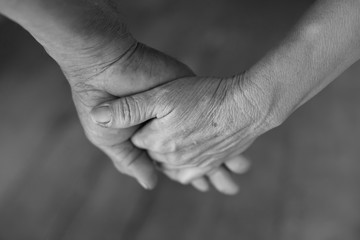 Hand of an elderly woman holding the hand of an elderly man. black and white.