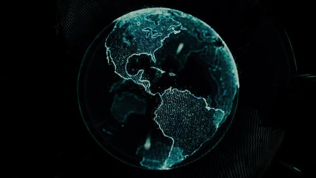 World map on a black background with sparkling particles on the surface4k loop of rotating glowing dots stylised world globe with orbits