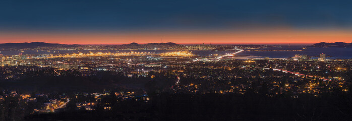 Panorama Night View of San Francisco Bay, East Bay, Oakland, Mon