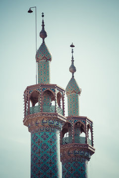 Mosque of Yazd in Iran. The mosque is crowned by a pair of minarets.