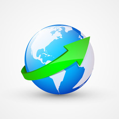 Blue earth and green arrow, vector illustration