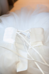 Obraz na płótnie Canvas Bridesmaid is helping the bride to dress