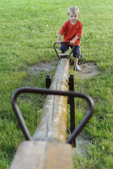Child blond little cute boy swinging on a wooden swing