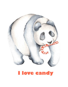 Template of postcard with watercolor illustration panda and lollipop, hand drawn isolated on a white background