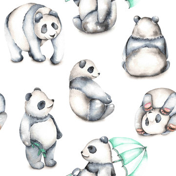 Seamless pattern with watercolor pandas, hand drawn isolated on a white background