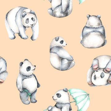 Seamless pattern with watercolor pandas, hand drawn isolated on a pink background