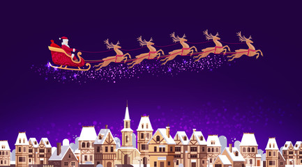 Santa Claus in sleigh pulled by reindeer flying over city. Christmas vector © ~ Bitter ~