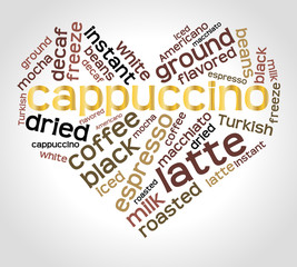 Cappuccino word cloud concept in shape of heart on gradient background. 