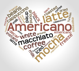 Americano word cloud concept in shape of heart on gradient background. 