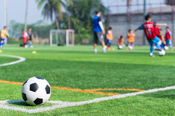 Obraz na płótnie Canvas football in green grass with background Training children in Soc