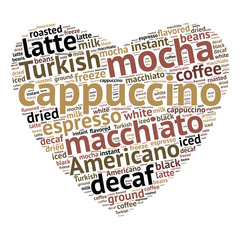 Cappuccino word cloud concept in shape of heart on white background. Vector illustration.