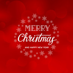 Merry Christmas and Happy New Year text on the red background with snowflakes. Vector lettering. Xmas card.