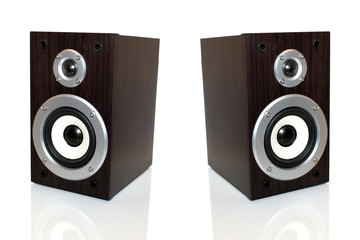 Fototapeta premium Audio speaker in a wooden case. Isolated on white background