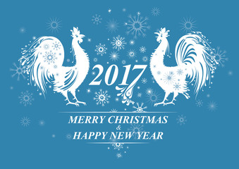 Two beautiful snow white cock. Year of the rooster. 2017. Vector template for New Year holidays design. 