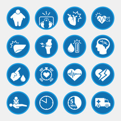icon set of obesity related diseases, blue circle buttons