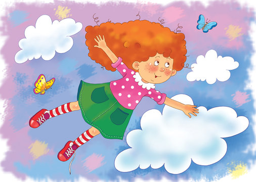 A cute freckled girl with red hair is flying in the sky among butterflies with the laces of her sneakers untied. Illustration for children. Greeting card. Cartoon characters.