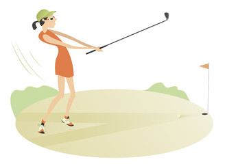 Good day for playing golf. Pretty young women is playing golf 
