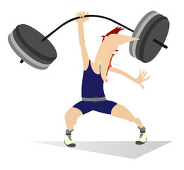 Weightlifter. Cartoon man lifting a heavy weight by one hand
